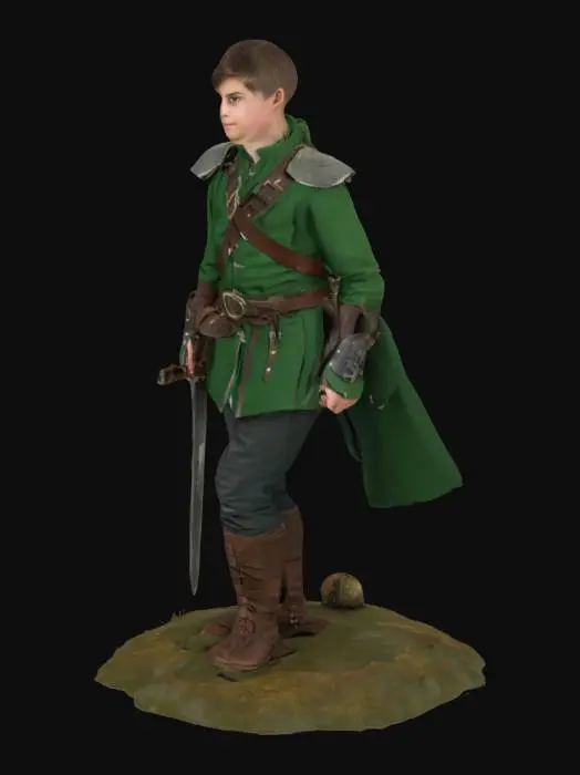 3D model for The image depicts a young individual dressed in a detailed, medieval-inspired outfit, suitable for an adventurer or warrior. The attire includes a green tunic with armored shoulder pads, a wide leather belt with pouches, and a crossbody strap. A sword is sheathed on the back, accessible via a harness. The individual wears dark trousers and sturdy boots, complemented by a flowing cape. The background features a vast, misty landscape with rolling hills, a cloudy sky, and scattered wildflowers, evoking a sense of exploration and open terrain.