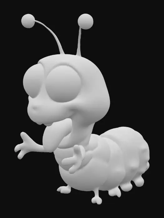 3D model for a stylized, animated character resembling a green, fuzzy caterpillar. The character features large, expressive white eyes with black pupils, an open mouth revealing teeth and a pink tongue, and curly antennae on its head. Its body is covered in soft, green fur, and it appears to be in a dynamic pose with raised arms and a slightly arched posture, suggesting surprise or excitement.