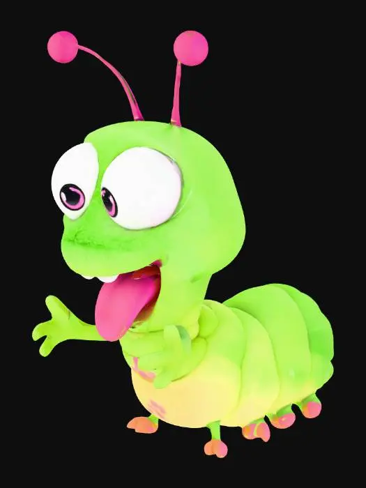 3D model for a stylized, animated character resembling a green, fuzzy caterpillar. The character features large, expressive white eyes with black pupils, an open mouth revealing teeth and a pink tongue, and curly antennae on its head. Its body is covered in soft, green fur, and it appears to be in a dynamic pose with raised arms and a slightly arched posture, suggesting surprise or excitement.