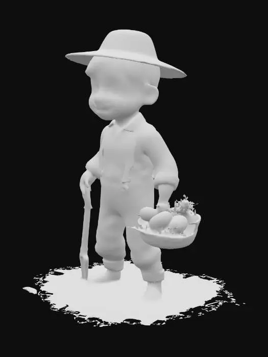 3D model for The image depicts a young boy standing inside a rustic barn or shed. The boy is dressed in a worn, historical outfit consisting of a dark blue shirt, grey trousers, and tan suspenders. They are barefoot and wear a soft, brown hat. In one hand, they hold a long-handled tool, possibly a shovel or pitchfork, while the other hand rests near a small wooden basket containing green leafy vegetables. their expression is joyful and smiling, cinematic lighting,, Highly Detailed, Ultra Realistic  face ,4K, 8K, HDR, studio quality beautiful, elegant, realistic