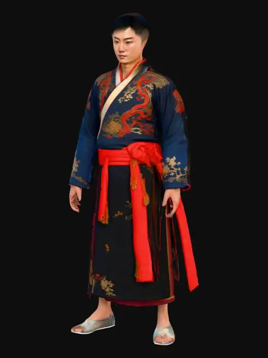 3D model for Highly Detailed, Ultra Realistic,4K, 8K, HDR, studio quality beautiful, elegant, image depicts a stylized digital illustration of a young individual standing on a balcony overlooking a mountainous landscape with traditional East Asian architecture. The figure is dressed in an elaborate robe featuring a black base with red and blue accents, adorned with intricate gold embroidery, including a prominent dragon design on the chest. A wide red sash with floral patterns secures the robe, and the individual wears a metallic arm guard on the left wrist