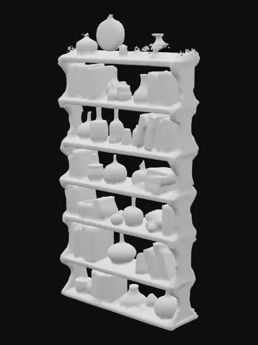 3D model for a wooden bookshelf adorned with an assortment of items, suggesting a mystical or alchemical theme. The shelves contain a variety of old, intricately designed books with ornate covers, interspersed with glass bottles and jars. These containers hold glowing liquids and plants, with colors including green, purple, blue, and yellow, indicating the presence of potions or magical substances. Small plants and vines are integrated into the arrangement, adding to the natural and enchanted atmosphere. The overall composition is richly detailed, with a warm, dimly lit ambiance that enhances the fantastical setting. cinematic lighting,, Highly Detailed, Ultra Realistic  face ,4K, 8K, HDR, studio quality beautiful, elegant, realistic,