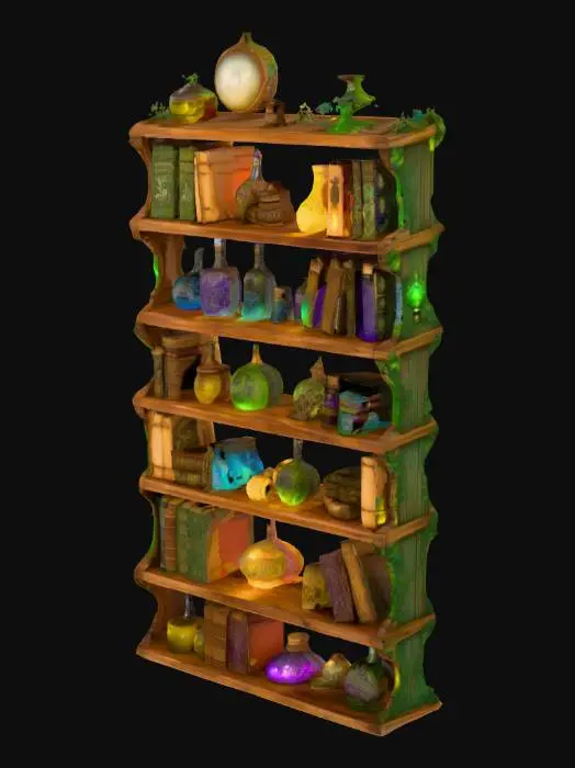 3D model for a wooden bookshelf adorned with an assortment of items, suggesting a mystical or alchemical theme. The shelves contain a variety of old, intricately designed books with ornate covers, interspersed with glass bottles and jars. These containers hold glowing liquids and plants, with colors including green, purple, blue, and yellow, indicating the presence of potions or magical substances. Small plants and vines are integrated into the arrangement, adding to the natural and enchanted atmosphere. The overall composition is richly detailed, with a warm, dimly lit ambiance that enhances the fantastical setting. cinematic lighting,, Highly Detailed, Ultra Realistic  face ,4K, 8K, HDR, studio quality beautiful, elegant, realistic,