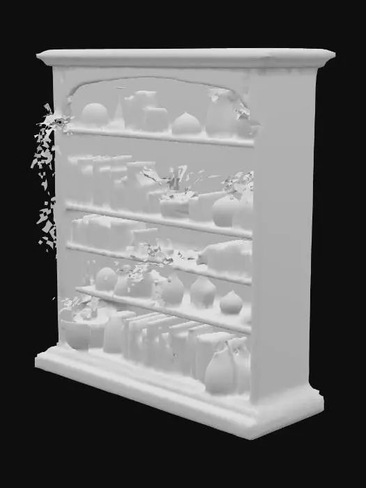 3D model for a wooden bookshelf adorned with an assortment of items, suggesting a mystical or alchemical theme. The shelves contain a variety of old, intricately designed books with ornate covers, interspersed with glass bottles and jars. These containers hold glowing liquids and plants, with colors including green, purple, blue, and yellow, indicating the presence of potions or magical substances. Small plants and vines are integrated into the arrangement, adding to the natural and enchanted atmosphere. The overall composition is richly detailed, with a warm, dimly lit ambiance that enhances the fantastical setting. cinematic lighting,, Highly Detailed, Ultra Realistic  face ,4K, 8K, HDR, studio quality beautiful, elegant, realistic,