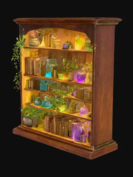 3D model for a wooden bookshelf adorned with an assortment of items, suggesting a mystical or alchemical theme. The shelves contain a variety of old, intricately designed books with ornate covers, interspersed with glass bottles and jars. These containers hold glowing liquids and plants, with colors including green, purple, blue, and yellow, indicating the presence of potions or magical substances. Small plants and vines are integrated into the arrangement, adding to the natural and enchanted atmosphere. The overall composition is richly detailed, with a warm, dimly lit ambiance that enhances the fantastical setting. cinematic lighting,, Highly Detailed, Ultra Realistic  face ,4K, 8K, HDR, studio quality beautiful, elegant, realistic,