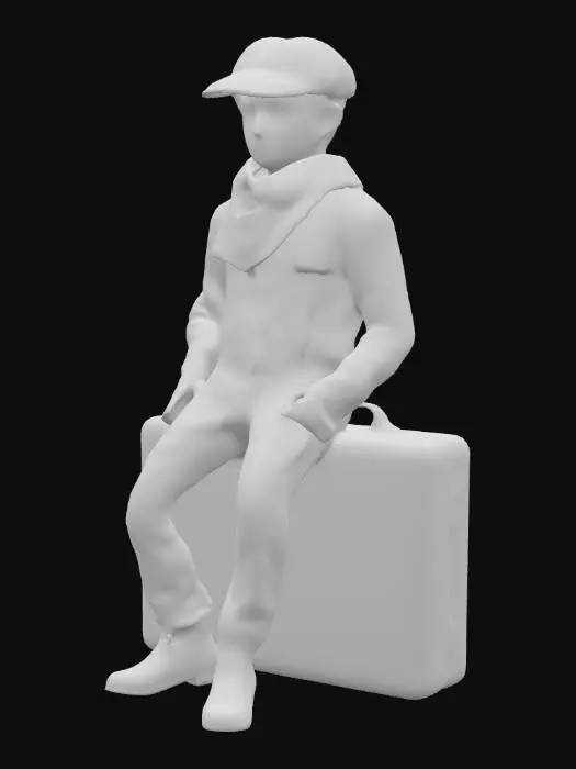 3D model for The image depicts a young person with short brown hair, wearing a dark green flat cap, a tan jacket, a patterned scarf, and dark trousers with suspenders. They are leaning with arms crossed on an old, weathered brown suitcase. In the background, there is a vintage steam train emitting smoke, positioned on railway tracks that recede into the distance, flanked by a rustic station platform and buildings. The scene has a nostalgic, painterly quality with a slightly worn texture on the edges.