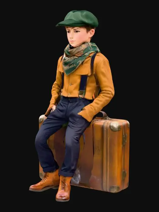 3D model for The image depicts a young person with short brown hair, wearing a dark green flat cap, a tan jacket, a patterned scarf, and dark trousers with suspenders. They are leaning with arms crossed on an old, weathered brown suitcase. In the background, there is a vintage steam train emitting smoke, positioned on railway tracks that recede into the distance, flanked by a rustic station platform and buildings. The scene has a nostalgic, painterly quality with a slightly worn texture on the edges.