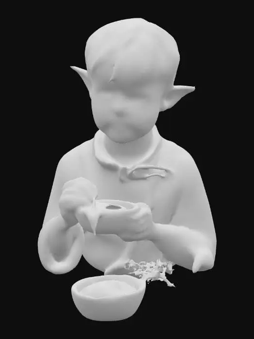 3D model for  image depicts a young boy with elven features, including pointed ears, seated at a wooden table in what appears to be a dimly lit, rustic workshop or apothecary setting. He has light blond hair, fair skin, and wide blue eyes, conveying an expression of concentration or curiosity. Dressed in a green tunic with brown accents and a white collar, he is engaged in eating from a wooden bowl containing a creamy, yellowish substance resembling porridge or stew, garnished with green herbs. In his right hand, he holds a spoonful of the food, while his left hand grasps a morsel, possibly a piece of bread or ingredient.