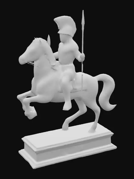 3D model for The sculpture features a nude rider, adorned with a plumed helmet, mounted on a rearing horse. The rider is posed in an active stance, holding a spear extended forward with the right arm, suggesting motion or an attack. The horse is captured mid-motion, with its front legs raised and head tilted upward, conveying a sense of energy and strength. The sculpture is mounted on a rectangular base, which bears an inscription, including the name "FRANTZ" and possibly other details. The material appears to be a polished metal, likely bronze or a similar alloy, giving the piece a reflective, lustrous finish. The overall composition reflects classical influences, possibly inspired by mythological or historical themes.