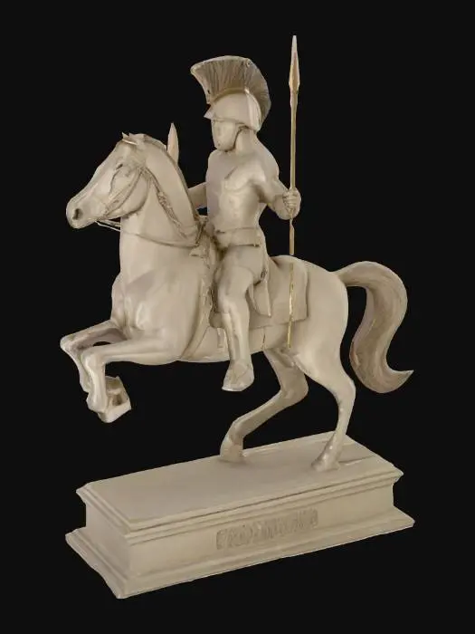 3D model for The sculpture features a nude rider, adorned with a plumed helmet, mounted on a rearing horse. The rider is posed in an active stance, holding a spear extended forward with the right arm, suggesting motion or an attack. The horse is captured mid-motion, with its front legs raised and head tilted upward, conveying a sense of energy and strength. The sculpture is mounted on a rectangular base, which bears an inscription, including the name "FRANTZ" and possibly other details. The material appears to be a polished metal, likely bronze or a similar alloy, giving the piece a reflective, lustrous finish. The overall composition reflects classical influences, possibly inspired by mythological or historical themes.