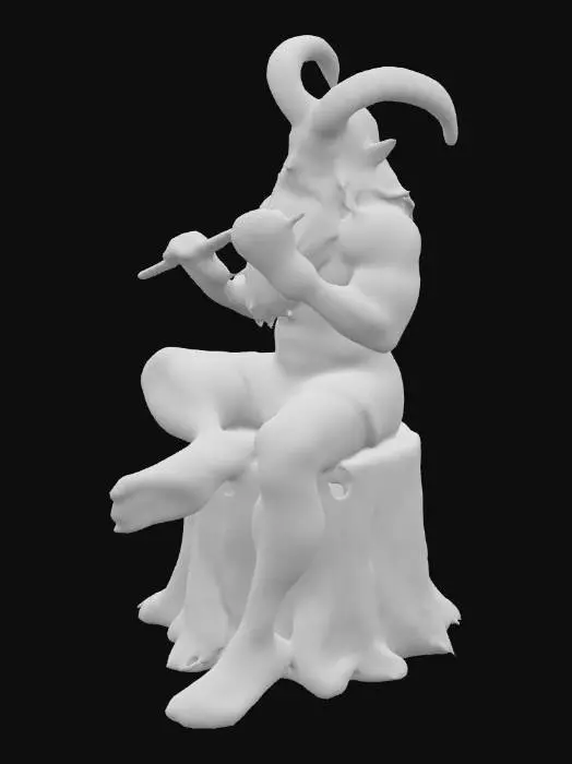 3D model for a mythological satyr, seated in a natural forest setting. The figure has a muscular human upper body, with long, wavy hair and a beard, and is adorned with prominent curved horns on its head. It is playing a pan flute, holding the instrument with both hands near its mouth. The lower body transitions into that of a goat, covered in brown fur and ending in cloven hooves. The figure is perched on a gnarled tree stump with exposed roots, blending into the surrounding grassy terrain. The background features a lush, green woodland with trees and soft sunlight filtering through, creating a serene and mystical atmosphere.