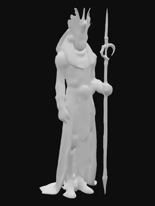 3D model for The image depicts an individual adorned in an elaborate costume that blends ancient Egyptian aesthetics with modern technological elements. The attire includes a detailed golden collar necklace with turquoise inlays, reminiscent of traditional Egyptian royal jewelry, and a matching headdress featuring intricate designs and a prominent central ornament. The individual is also wearing large, ornate headphones with a steampunk-inspired design, integrating metallic components and a coiled structure. Additional accessories include arm cuffs, a belt with mechanical embellishments, and a staff or scepter with a sculpted head, further emphasizing the fusion of historical and futuristic themes.