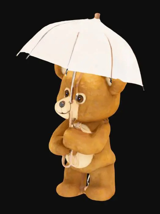 3D model for The provided image illustrates an endearing, anthropomorphic teddy bear positioned in an outdoor setting suggestive of inclement weather. The bear, rendered with soft, brown fur and large, expressive eyes, stands upright on a damp surface scattered with autumnal leaves, conveying a sense of gentle vulnerability. It holds a transparent umbrella overhead, dotted with water droplets, which shields it from implied rainfall. The background features a blurred, misty atmosphere with subdued tones, enhancing the whimsical and poignant mood. This appears to be a digitally generated or artistically composed photograph, potentially intended for illustrative or inspirational purposes in media such as digital art, wallpapers, or children's literature.