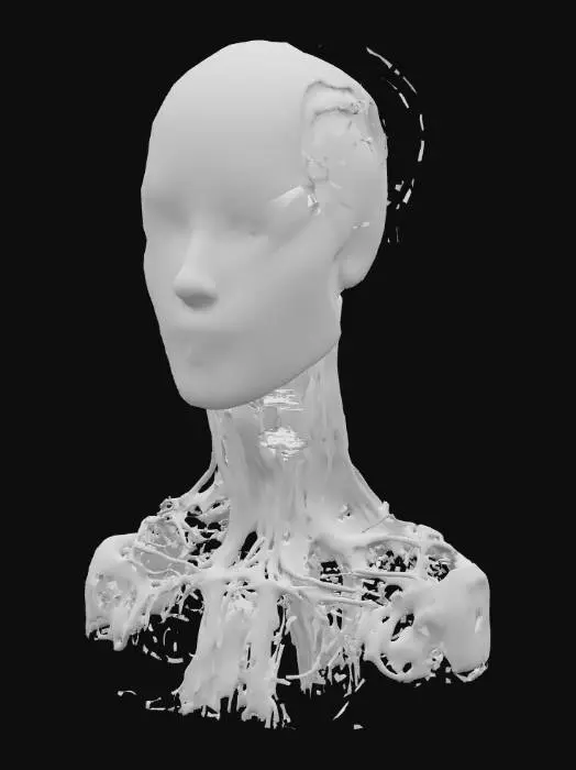 3D model for This image depicts a highly detailed and surreal artwork of a human head in profile, blending organic and mechanical elements. The face appears human, with realistic skin texture and features, while the head and neck are covered with an intricate network of wires, circuits, and mechanical components. The blue background enhances the futuristic and cybernetic theme, suggesting a fusion of biology and technology, possibly symbolizing artificial intelligence or human augmentation. The craftsmanship indicates it could be a painting or digital illustration with a focus on hyper-realism.