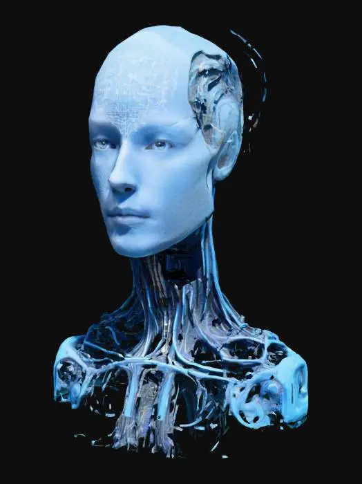 3D model for This image depicts a highly detailed and surreal artwork of a human head in profile, blending organic and mechanical elements. The face appears human, with realistic skin texture and features, while the head and neck are covered with an intricate network of wires, circuits, and mechanical components. The blue background enhances the futuristic and cybernetic theme, suggesting a fusion of biology and technology, possibly symbolizing artificial intelligence or human augmentation. The craftsmanship indicates it could be a painting or digital illustration with a focus on hyper-realism.