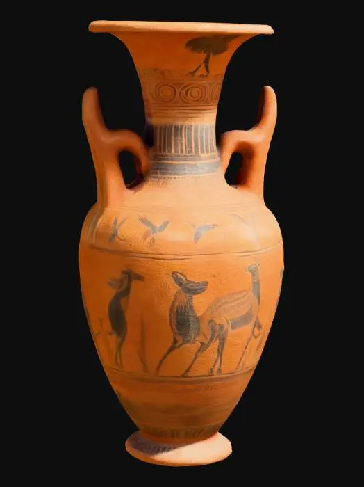 3D model for An ancient Roman vase painted & engraved with wild animals. The vase is made from terracotta and has a ling thin neck and a wide body with two handles. 