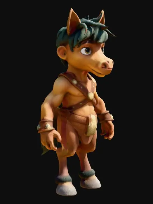 3D model for This is a 3D-rendered image of a BOY centaur, a mythological creature with the upper body of a human and the lower body of a horse. The setting appears to be a forested or rocky landscape, suggesting a fantasy theme.