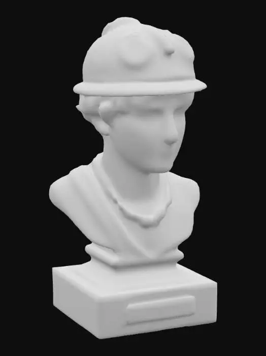 3D model for Ultra-realistic bust 3D of bust of a British topless boy — including the head, eyes, ears,— in the style of an ancient Greek statue. The boy wears a carved necklace and a hat on its head. visible fabric grain & hair. lighting optimized for cinematic close-up rendering. mysterious. highlighted  blue eyes. the plinth is decorated with dark wood sleek edges with a information bronze plaque saying "BOY".