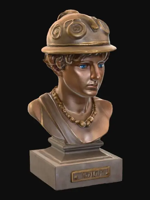 3D model for Ultra-realistic bust 3D of bust of a British topless boy — including the head, eyes, ears,— in the style of an ancient Greek statue. The boy wears a carved necklace and a hat on its head. visible fabric grain & hair. lighting optimized for cinematic close-up rendering. mysterious. highlighted  blue eyes. the plinth is decorated with dark wood sleek edges with a information bronze plaque saying "BOY".