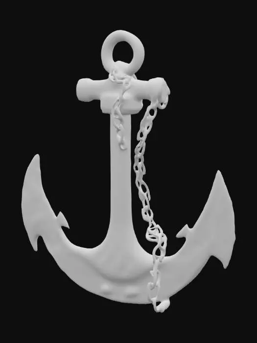 3D model for The image depicts a large, ancient anchor submerged underwater, surrounded by a deep blue oceanic environment. The anchor, covered in marine growth and rust, has thick chains hanging from it, swaying in the current. Sunlight streams down from the surface, illuminating the scene and highlighting small fish and coral formations around the anchor, creating a mystical underwater atmosphere.