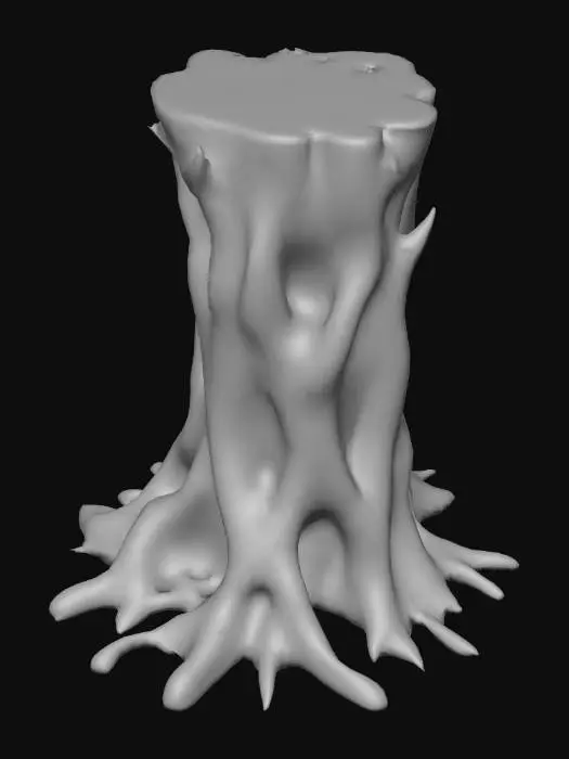 3D model for a weathered tree stump with visible roots extending from its base. The stump exhibits a rough, textured surface with deep, intricate grain patterns and natural imperfections, indicative of prolonged exposure to environmental elements. The coloration is predominantly a muted brown with shades of gray, suggesting the wood has aged or dried out over time. The roots are gnarled and spread outward, displaying a complex network that enhances the natural aesthetic. The background is a plain white, which isolates the stump and emphasizes its detailed structure. This image may serve as a representation of natural decay or be utilized for artistic or design purposes Overall, this is an absolute world-class masterpiece, boasting an aesthetically pleasing image with an impressive composition