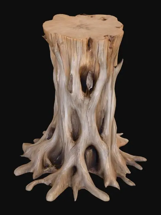 3D model for a weathered tree stump with visible roots extending from its base. The stump exhibits a rough, textured surface with deep, intricate grain patterns and natural imperfections, indicative of prolonged exposure to environmental elements. The coloration is predominantly a muted brown with shades of gray, suggesting the wood has aged or dried out over time. The roots are gnarled and spread outward, displaying a complex network that enhances the natural aesthetic. The background is a plain white, which isolates the stump and emphasizes its detailed structure. This image may serve as a representation of natural decay or be utilized for artistic or design purposes Overall, this is an absolute world-class masterpiece, boasting an aesthetically pleasing image with an impressive composition