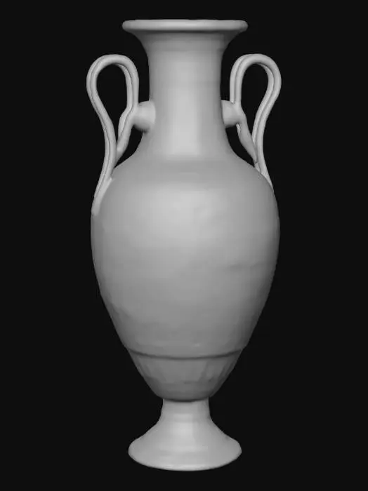 3D model for An ancient Roman vase painted & engraved with wild animals. The vase is made from terracotta and has a ling thin neck and a wide body with two handles. 