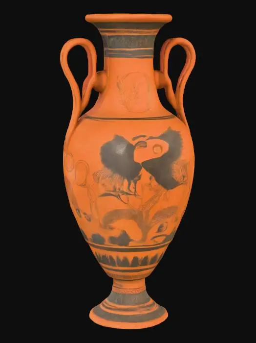 3D model for An ancient Roman vase painted & engraved with wild animals. The vase is made from terracotta and has a ling thin neck and a wide body with two handles. 