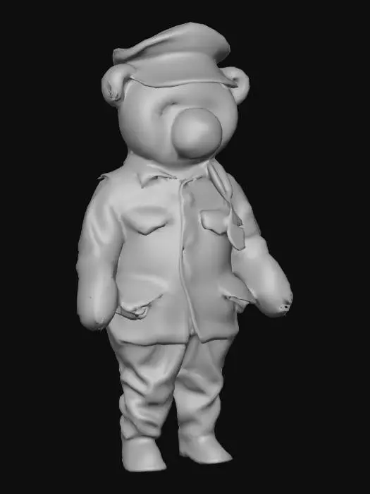 3D model for 
This image shows a teddy bear dressed in a detailed military-style uniform, including a green jacket with large buttons, a matching cap, and a badge that reads "WWI" on the front. The bear also wears a red shoulder patch and a blue ribbon with a medal, suggesting a World War I soldier theme. The bear is seated on a striped carpet, adding a cozy background to the scene.