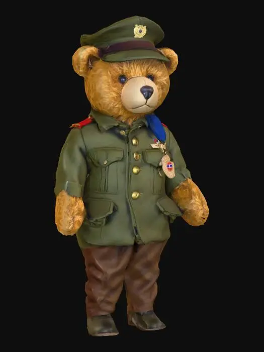 3D model for 
This image shows a teddy bear dressed in a detailed military-style uniform, including a green jacket with large buttons, a matching cap, and a badge that reads "WWI" on the front. The bear also wears a red shoulder patch and a blue ribbon with a medal, suggesting a World War I soldier theme. The bear is seated on a striped carpet, adding a cozy background to the scene.
