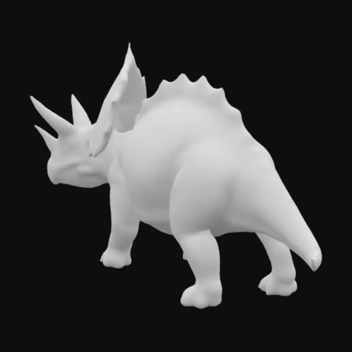 3D model for The image depicts a highly detailed, digitally rendered Triceratops, a prehistoric dinosaur. It features a robust body with a thick, textured hide in shades of brown and gray. The dinosaur has a prominent frill adorned with sharp spines and three distinctive horns on its face—two above the eyes and one on the snout. Its powerful legs end in clawed feet, and it stands on a rocky ground with a dark, blurred background, emphasizing its majestic presence.