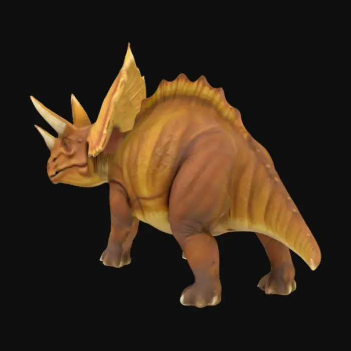 3D model for The image depicts a highly detailed, digitally rendered Triceratops, a prehistoric dinosaur. It features a robust body with a thick, textured hide in shades of brown and gray. The dinosaur has a prominent frill adorned with sharp spines and three distinctive horns on its face—two above the eyes and one on the snout. Its powerful legs end in clawed feet, and it stands on a rocky ground with a dark, blurred background, emphasizing its majestic presence.
