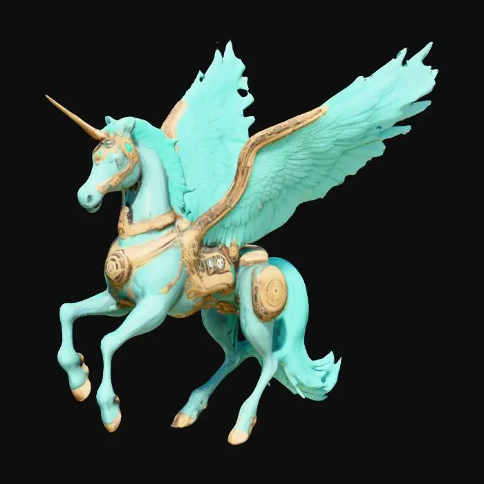 3D model for a digitally rendered depiction of a mythical Pegasus, reimagined in a steampunk aesthetic. The creature features a horse-like form with intricate mechanical components, including exposed gears, pistons, and ornate metallic filigree integrated into its body. The primary coloration is a vibrant turquoise, accented by gold and bronze elements that evoke aged machinery. Large, feathered wings extend from its shoulders, with feathers rendered in a matching turquoise hue and framed by elaborate mechanical structures. The Pegasus is posed in a dynamic stance, with one foreleg raised, suggesting motion, against a neutral gray background that emphasizes its detailed design. This artistic representation blends classical mythology with Victorian-era industrial motifs, characteristic of steampunk