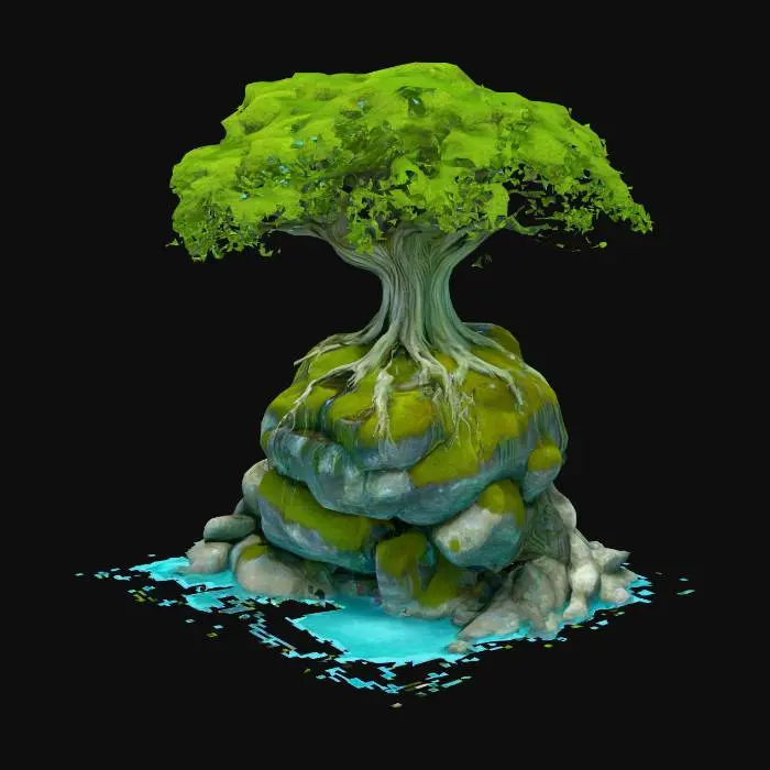 3D model for The image portrays a serene natural landscape featuring a large tree with an expansive canopy and intricate, exposed roots growing atop a moss-covered rock. A waterfall cascades from the rock into a clear, turquoise pool surrounded by stones. The scene is set within a lush, misty canyon with steep, verdant cliffs, creating a tranquil and ethereal atmosphere. The overall composition emphasizes the harmony between the tree, water, and surrounding greenery.