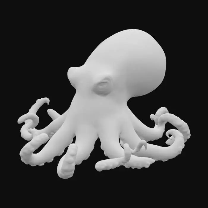 3D model for The image depicts a highly detailed octopus floating in a deep blue underwater scene. The octopus has a brown, speckled head with large, striking blue eyes and eight long, curling tentacles covered in suction cups.