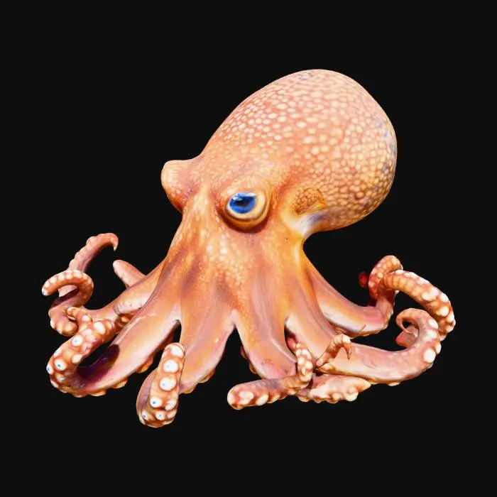 3D model for The image depicts a highly detailed octopus floating in a deep blue underwater scene. The octopus has a brown, speckled head with large, striking blue eyes and eight long, curling tentacles covered in suction cups.
