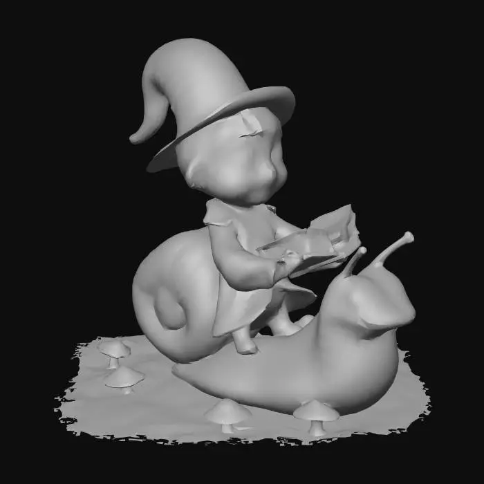 3D model for Highly Detailed, Ultra Realistic,4K, 8K, HDR, studio quality beautiful, elegant, image depicts a whimsical scene featuring a small, animated boy riding a large snail. The boy, dressed in a blue robe with gold trim and a matching pointed hat adorned with stars, holds an open book in one hand and a wand emitting a small burst of orange sparks in the other. The boy has a blue eyes and an expressive face, suggesting a cheerful demeanor. The snail, with an orange body and a coiled brown shell, moves across a mossy surface dotted with small orange mushrooms.