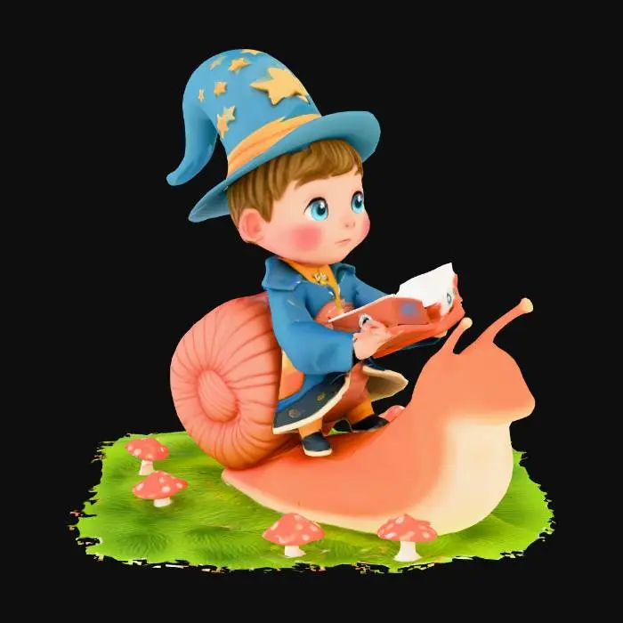 3D model for Highly Detailed, Ultra Realistic,4K, 8K, HDR, studio quality beautiful, elegant, image depicts a whimsical scene featuring a small, animated boy riding a large snail. The boy, dressed in a blue robe with gold trim and a matching pointed hat adorned with stars, holds an open book in one hand and a wand emitting a small burst of orange sparks in the other. The boy has a blue eyes and an expressive face, suggesting a cheerful demeanor. The snail, with an orange body and a coiled brown shell, moves across a mossy surface dotted with small orange mushrooms.