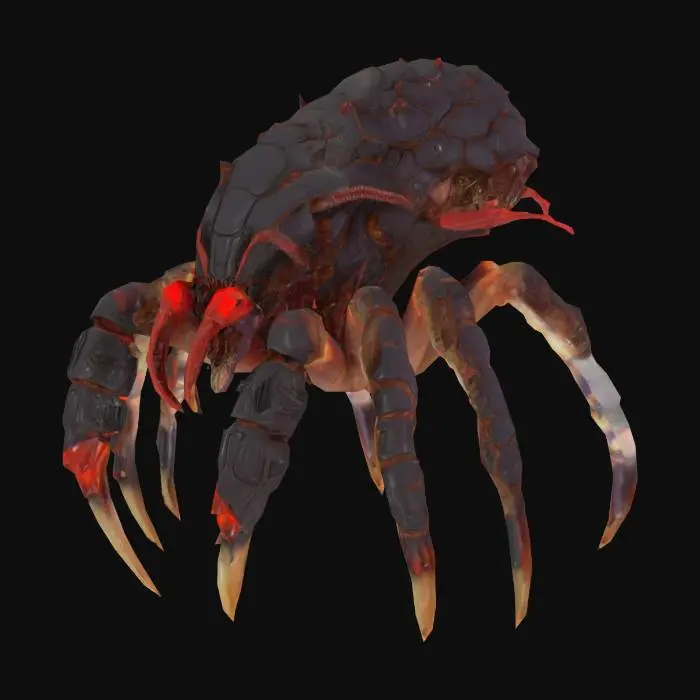 3D model for Create a hyper-realistic, high-poly 3D alien enemy inspired by StarCraft II’s Zerg faction: segmented chitinous exoskeleton with overlapping plates, sharp spines, exposed spinal ridge, sinewy membranes, crab-like claws. Cinematic-quality sculpt, no AI artifacts. Quad-based mesh with optimized edge loops for clean deformation. PBR unlit albedo: dark purples in crevices, glossy wet reds for flesh, bone-white for spikes, muted brown for shell. Medium hydralisk-scale silhouette (~2–3 m).
