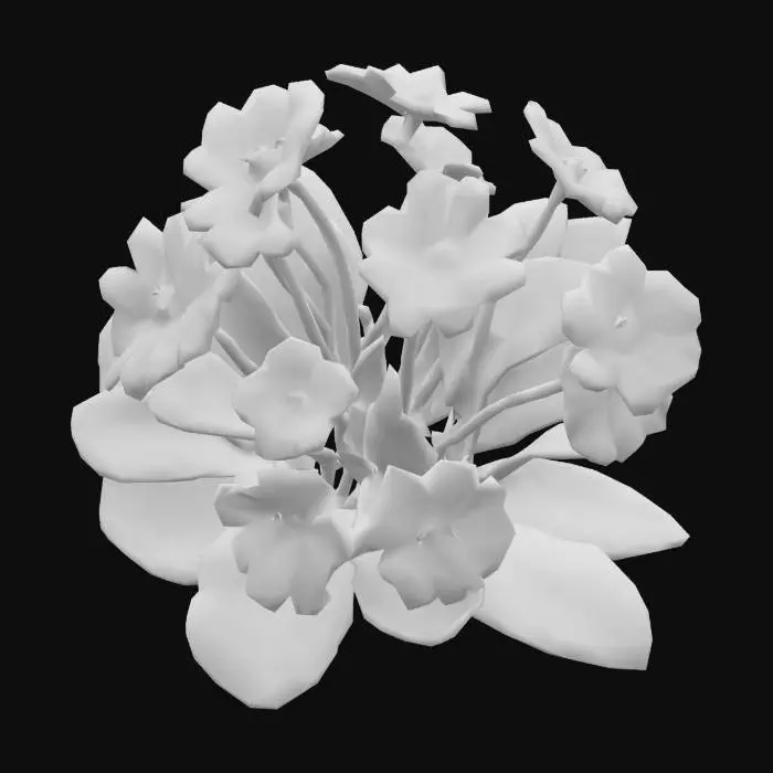 3D model for Marsh Marigold shows a natural clump of upright, hollow green stems emerging from moist, dark soil. Each stem supports large, glossy, heart-shaped leaves with softly serrated edges and a rich green tone. The flowers are rendered in vivid yellow, with 5 to 9 wide, petal-like sepals and a textured central cluster of stamens and pistils. The blossoms measure around 4 cm in diameter and appear slightly waxy and reflective. The base of the model includes small water puddles and patches of moss, enhancing the realistic wetland setting. The overall appearance is vibrant, lush, and organically arranged, capturing the plant’s wild, early-spring charm.