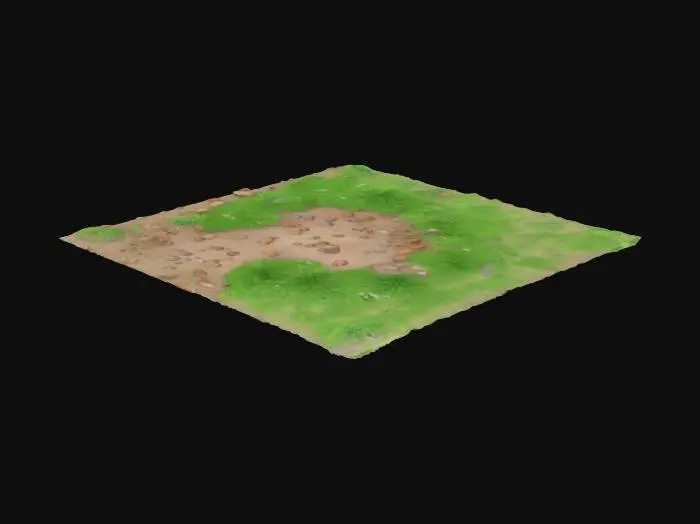 3D model for A natural garden ground with patches of compacted dirt and irregular tufts of grass. Some dry leaves, small pebbles, exposed roots, and uneven terrain. Slightly muddy in shaded areas, with scattered organic debris like twigs. The ground feels wild and textured, surrounded by lush vegetation. Ideal for a fairy-tale or backyard setting. No pavement, no artificial surfaces.