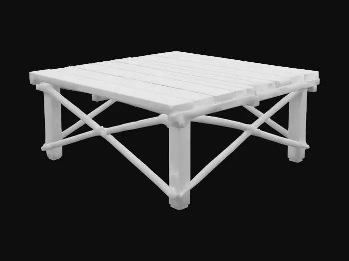 3D model for A rustic wooden deck on stilts, raised above the garden with wooden beams and support posts. Weathered wood planks with visible grain and moss patches. The underside includes diagonal bracing, and shadows cast underneath. Surrounded by leafy vegetation and dappled sunlight. A ladder or simple stairs lead up. The scene suggests height and natural integration into a lush backyard.