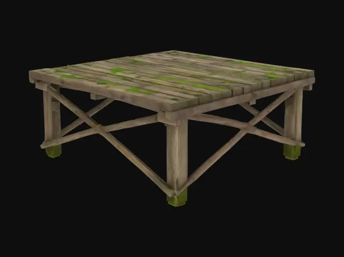 3D model for A rustic wooden deck on stilts, raised above the garden with wooden beams and support posts. Weathered wood planks with visible grain and moss patches. The underside includes diagonal bracing, and shadows cast underneath. Surrounded by leafy vegetation and dappled sunlight. A ladder or simple stairs lead up. The scene suggests height and natural integration into a lush backyard.