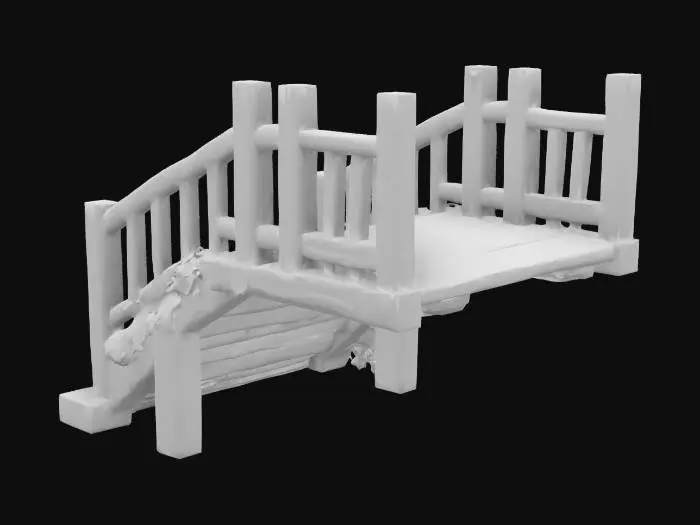 3D model for Rustic wooden stairs leading up to a raised deck or terrace. The stairs are made of natural timber planks, slightly weathered, with visible nails and wooden beams. The steps are irregular and charming, blending into a garden setting. There may be a light railing on the sides or climbing plants nearby. No modern or metallic elements. Natural and fantasy-friendly design.