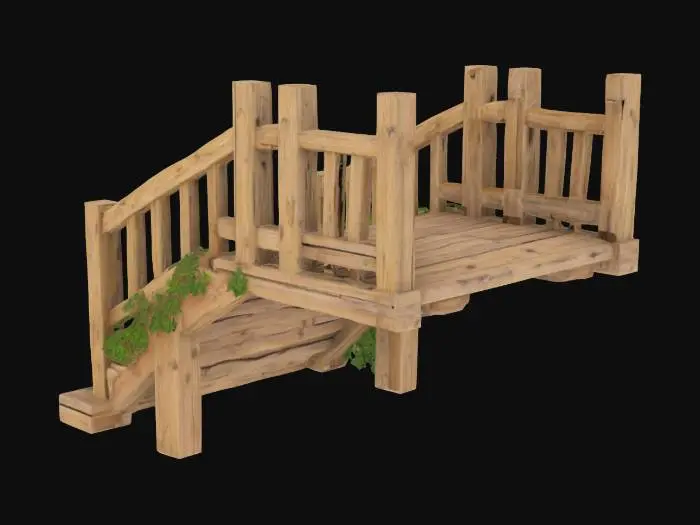 3D model for Rustic wooden stairs leading up to a raised deck or terrace. The stairs are made of natural timber planks, slightly weathered, with visible nails and wooden beams. The steps are irregular and charming, blending into a garden setting. There may be a light railing on the sides or climbing plants nearby. No modern or metallic elements. Natural and fantasy-friendly design.