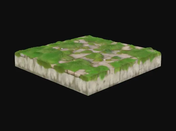 3D model for A natural garden floor with irregular patches of grass, compacted earth paths, and scattered small stones. Slightly uneven terrain with areas of exposed soil, some moss and dry leaves in corners. A mix of worn garden textures with a hint of wilderness, perfect for an outdoor backyard with human activity.