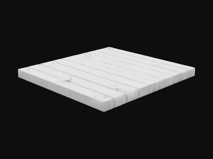 3D model for A wooden deck with wide, slightly weathered planks arranged horizontally. Natural wood tones, visible grain and subtle imperfections, with gaps between planks. A few dry leaves or moss traces in crevices. The texture shows light wear from foot traffic, creating a cozy and realistic backyard patio look.