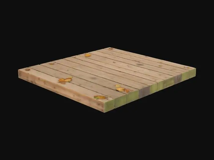 3D model for A wooden deck with wide, slightly weathered planks arranged horizontally. Natural wood tones, visible grain and subtle imperfections, with gaps between planks. A few dry leaves or moss traces in crevices. The texture shows light wear from foot traffic, creating a cozy and realistic backyard patio look.