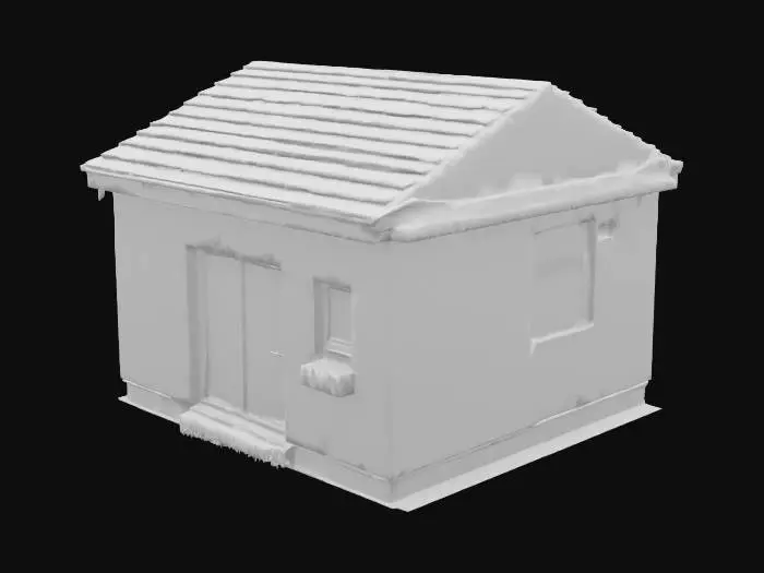 3D model for The back facade of a suburban house with an old red brick wall, closed sliding glass patio door (bay window), a few small windows, part of the roof visible with gutters, slightly weathered textures, moss near the base, and some dirt and discoloration on the bricks. Realistic 3D model suitable for a game environment, late afternoon lighting