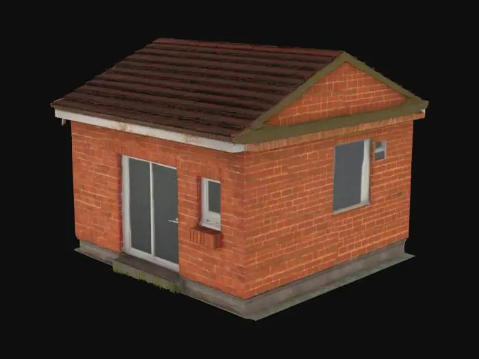 3D model for The back facade of a suburban house with an old red brick wall, closed sliding glass patio door (bay window), a few small windows, part of the roof visible with gutters, slightly weathered textures, moss near the base, and some dirt and discoloration on the bricks. Realistic 3D model suitable for a game environment, late afternoon lighting